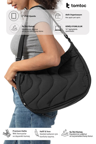 Tomtoc Terra Puffy Serisi T34 11" - 9L Siyah El ve Omuz Çantası - T34M1D1