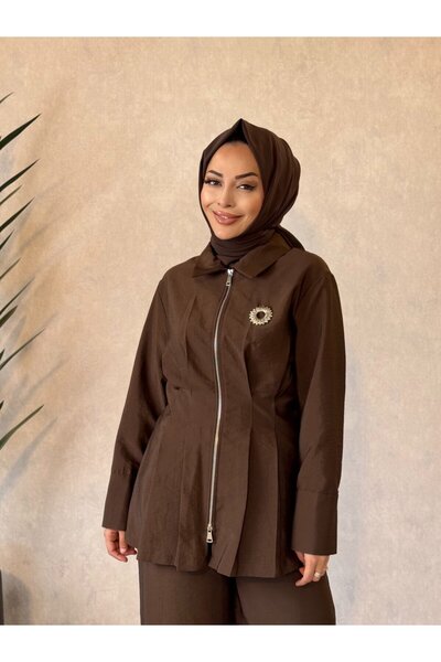 Nefise 250342 Zippered Front Pleated Suit Brown