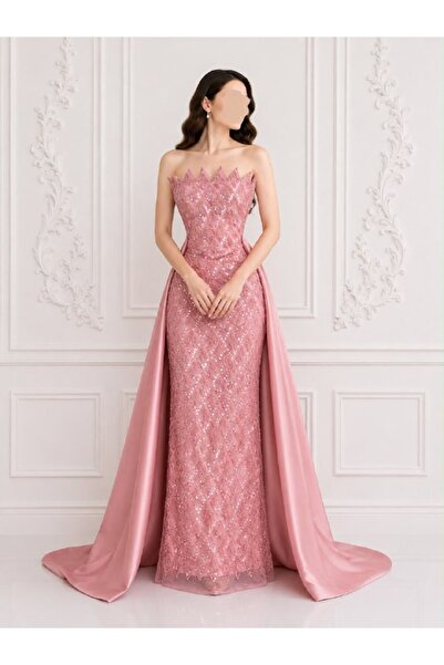 ranin Pink Evening Dress with Beading, Mikado Tulle Tail.
