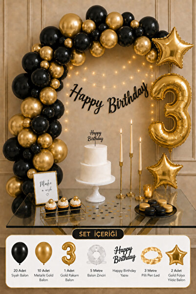 Baloncu Nene 3 Yaş Doğum Günü Süsleme Seti Siyah Gold Balon Zinciri Happy Bir...