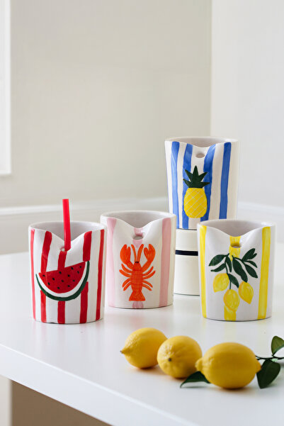 SİNEM YAMAN HOME Istakoz Ananas Watermelon Lemon 4-Piece Ceramic Mug Set (Wit...