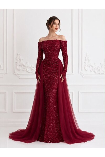 ranin Burgundy Evening Dress with Double Tulle Tail Embroidery