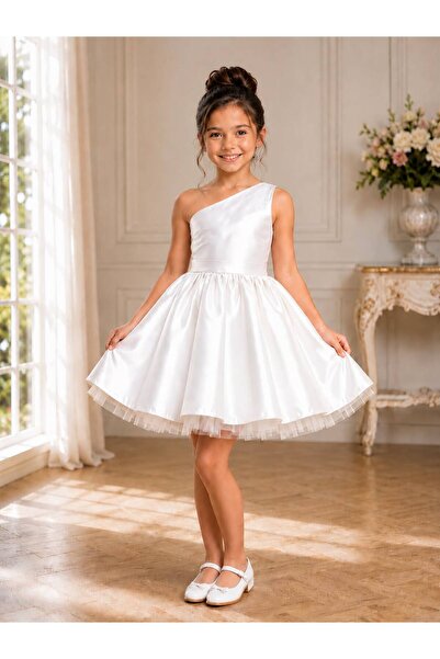 SUNEH Girl's White One-Shoulder Bow Detailed Short Satin Dress