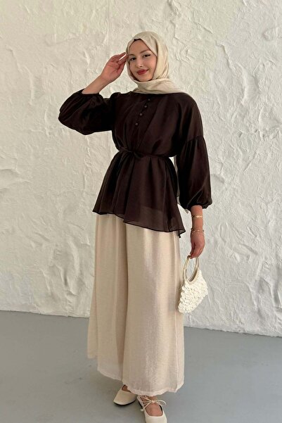 Modaensarbutik Vual Kumaş Balon Kol Bluz ve Pantolon Tesettür Takım-KAHVERENGİ