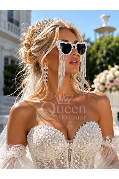 QUEEN AKSESUAR Luxury Heart-Shaped Crystal Stone Chain Pendant Tassels Bride ...