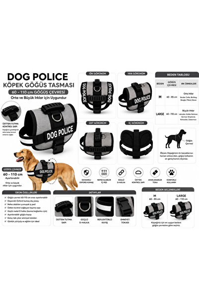 Mestore Dog Police Adjustable Dog Chest Harness Grey-Black (60-110 cm) - Kp-D...