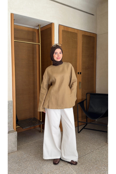 MODA AKSA ÇİFT YIRTMAÇLI %100 ORGANİK KETEN BLUZ SAHRA