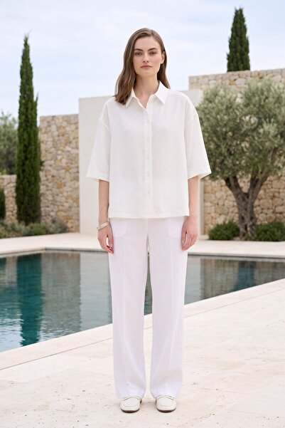 Lupinn Women's White Oversize Linen Look Shirt Short Sleeve Buttoned Comforta...