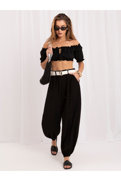 rue parıs Pantaloni Dama Lunga, Mansete elastice, RUE PARIS, Negru Eleganta O...