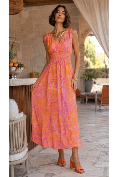 LaraLisa Colorful Front and Back V-Neck Women's Summer Dress with Elastic Wai...