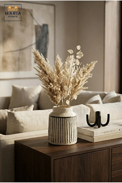 MARIA HOMES Cream and Black Striped Decorative Vase, Modern Ceramic Flower Ho...