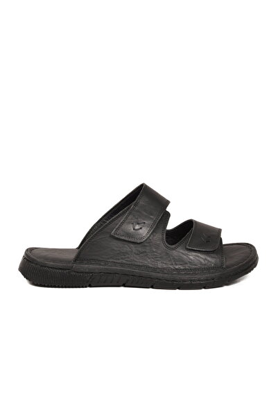 Castle Black Black Genuine Leather Double Velcro Men's Slippers