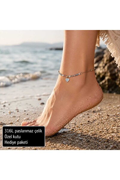 HER ŞEY NOTA www.herseynota.com Heart Charm Beaded Stainless Steel Anklet Hea...