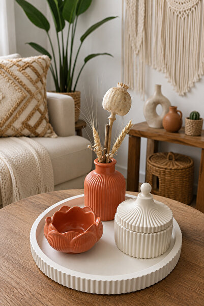 Zigzag Home Decorative Bohemian Style 4-Piece Vase Set Striped Tray Pampas Va...