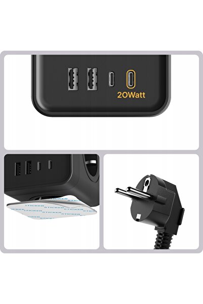 VOOMY Power Cube S7 Prelungitor cu 4 Prize, 2 USB-C (20W), 2 USB-A, 2m, Negru