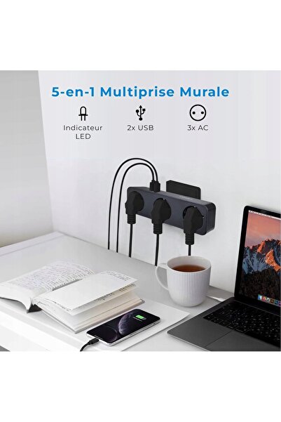 VOOMY Priză electrică, 2 porturi USB, splitter, negru