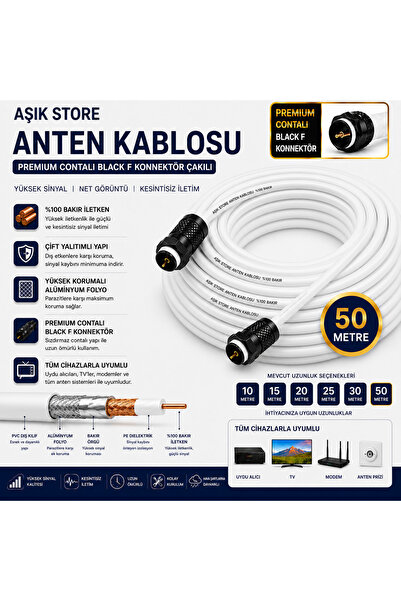 AŞIK STORE 50 Metre Premium Anten Kablosu %100 Bakır İç İletken Contalı Black...