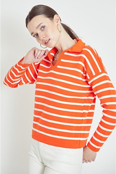 VARENZEA Women's Orange Oversize Polo Neck Striped Long Sleeve Knitwear Sweat...