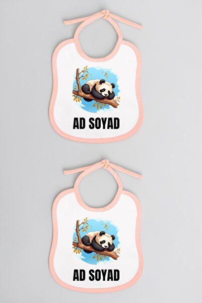 lili hediyelik Panda Printed 2-Piece Linen Pink Baby Bib - Baby Bib, Baby Fee...