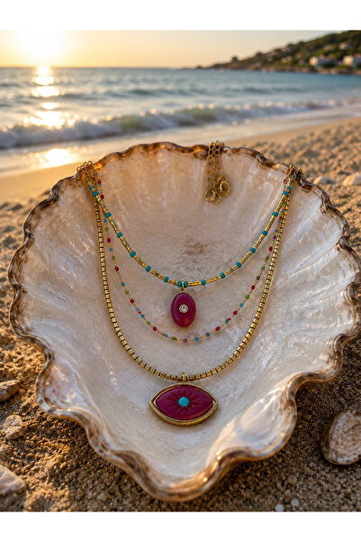 Atelier DRNS Jewelry Fuşya Nazar Göz Figürlü 3’lü Çelik Kolye Kombini