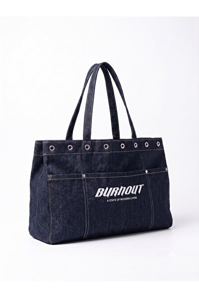 Oment Design Burnout White - %100 Pamuk Denim Tote Bag Nakışlı Omuz Çantası -...