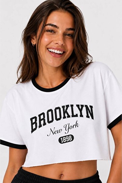Lizbon Style Kadın Crop Tişört Brooklyn Baskılı Oversize Rahat Kesim Basic Kı...
