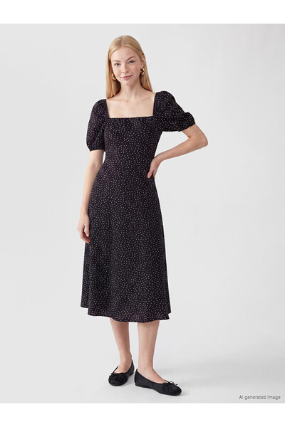 LC Waikiki Xside Black Square Neck Polka Dot Waist Fitted Dress