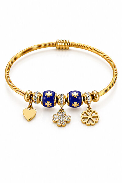 Fawel Royal Clover Heart Gold Charm Cable Bracelet