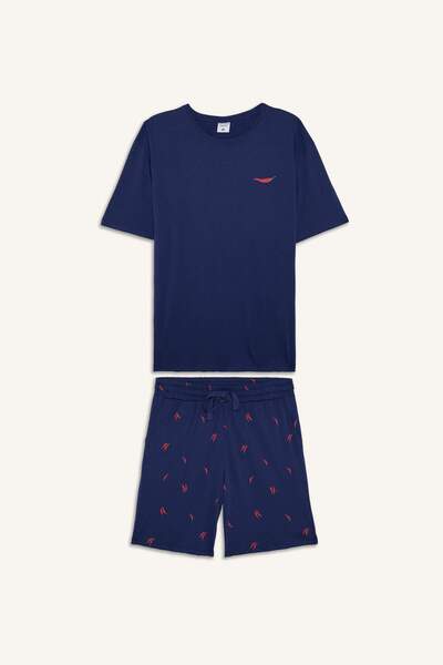 DeFacto 100% Cotton New Regular Fit Short Sleeve 2-Piece Indigo Shorts Pajama...