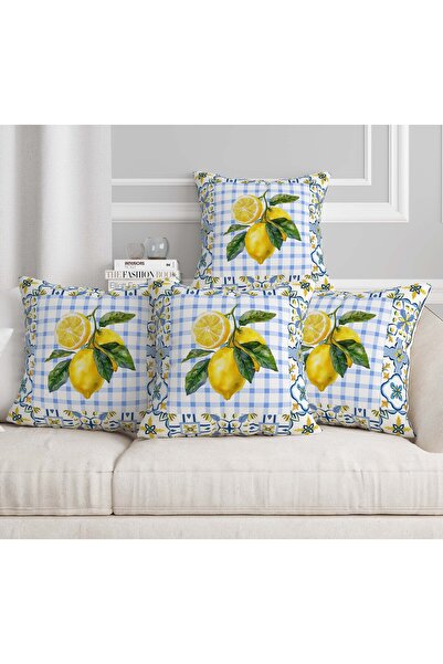 Şah Dekor Mediterranean Lemon Themed Digital Printed Gift Set of 4 Throw Pill...