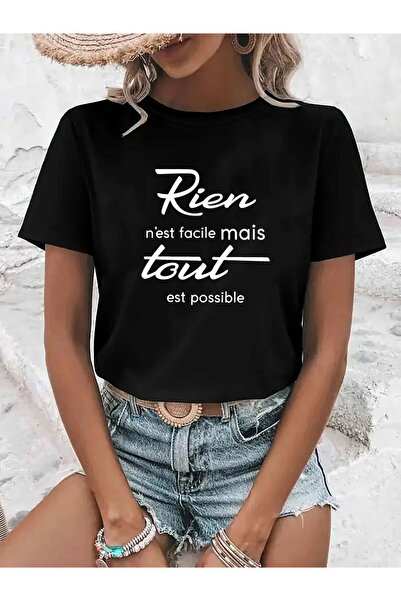 45 BPM تي شيرت نسائي مطبوع عليه "Rien N'est Facile Mais Tout Est Possible" - ...
