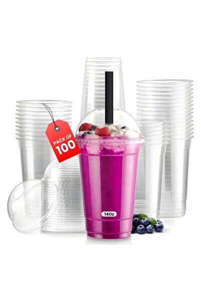 Duravel 100Pcs 14Oz Plastic Cups with Lids and Straws, Disposable Cups for Ic...