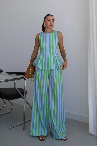 My Blog Blue-Green Striped Blouse and Pants Set - 30460
