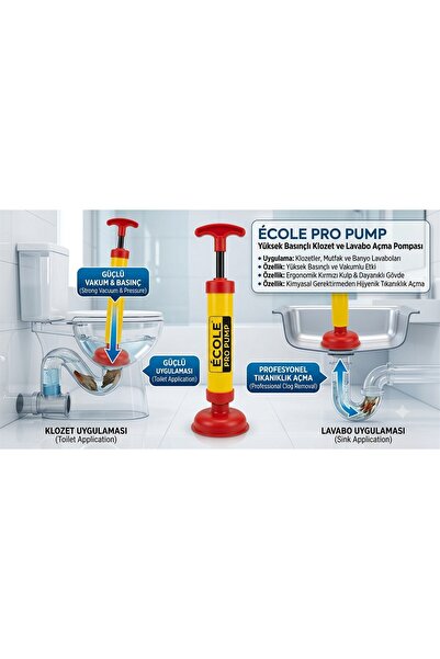 ECOLE Pro Pump Yüksek Basınçlı Klozet Ve Lavabo Açma Pompası Profesyonel Tıka...
