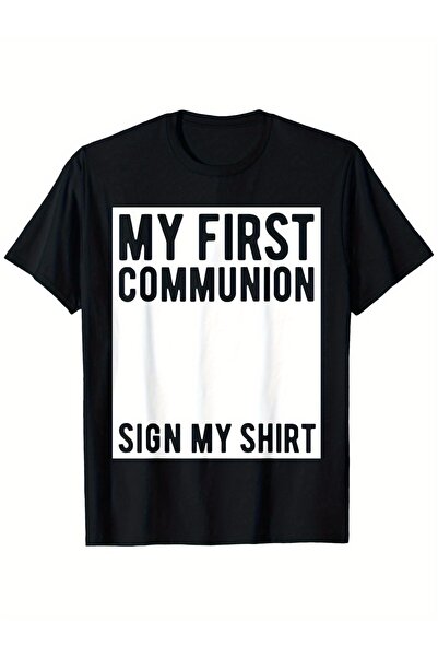 LİNA06 تي شيرت أسود مميز بطباعة "My First Communion"، 100% قطن، رقبة دائرية، ...