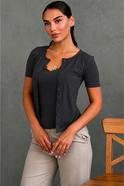 Madmext Smoked Lace Detailed Slim Fit Short Sleeve Women's Cardigan Mg2710