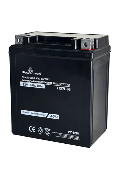 POWERTECH Μπαταρία μοτοσικλέτας μολύβδου PT-1204, 12V 7Ah, AGM, YTX7L-BS