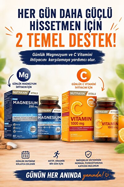 Nutraxin Magnezyum Daily 250 Mg 60 Tablet - C Vitamin 1000 Mg Günlük Magnezyu...