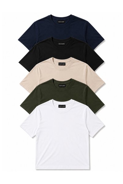 MİLANDORE Set of 5 Men's White-Khaki-Beige-Black-Navy Slim Fit Crew Neck Basi...