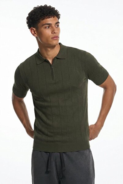 Maccali Men's Casual Striped Khaki Polo Knitwear T-Shirt