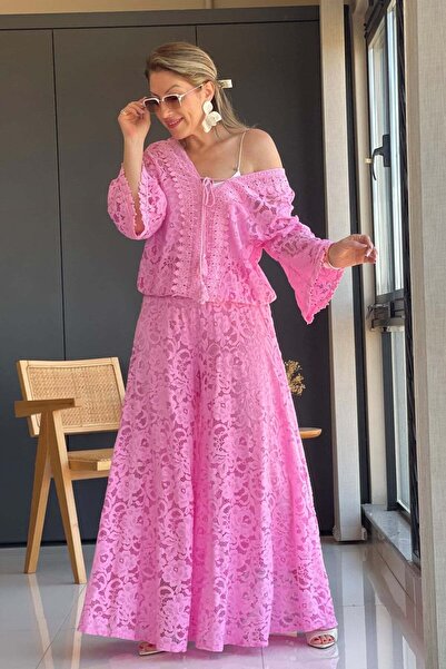 MİSLİNA BUTİK Güpür Detay Pembe Takım