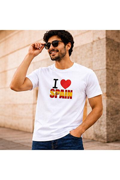 Yoo Street Men’s I Love Spain Graphic Printed T-Shirt – Spanish Flag Design Multicolor Casual Crew Neck Short Sleeve Tee
