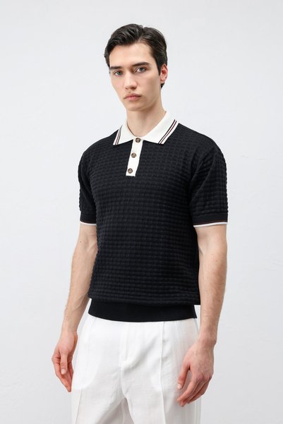 Antioch Black Cotton Textured Polo Neck Knitwear