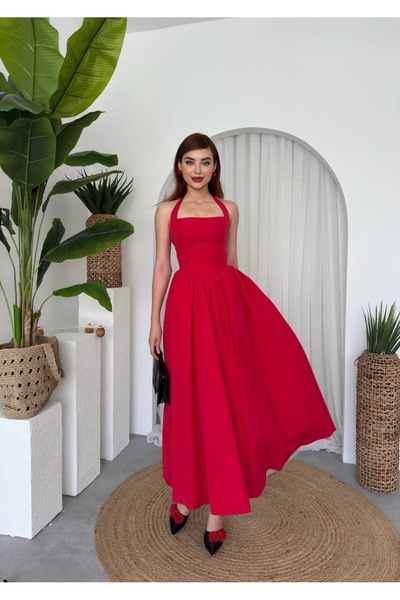 YURELİ Korsaj Detaylı Halter Yaka Prenses Poplin Maxi Elbise