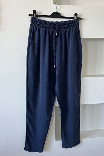 butikhola Navy Blue Drawstring Waist Carrot Cut Tencel Trousers