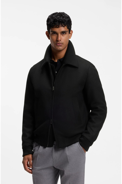 BOSS Men's Pointed Collar Side Entry Pockets Zipper Closure Long Sleeve Black...