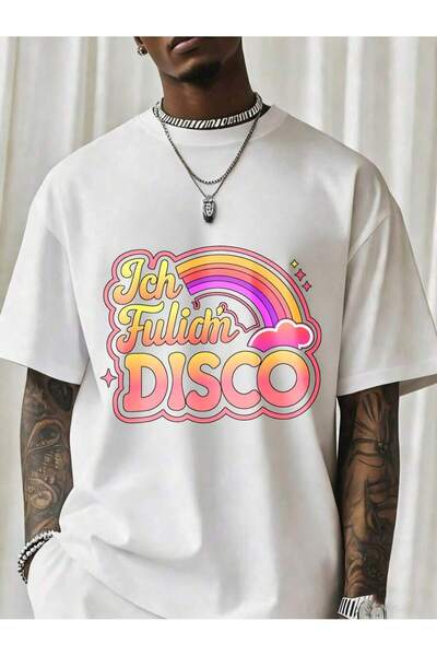 Ekim11 تي شيرت Ich Fuliich Disco Rainbow Graphic للرجال باللون الأسود، قميص ع...