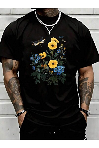 NOURAM Floral Dragonfly Print Black T-Shirt Men's Casual Short Sleeve Top Wit...