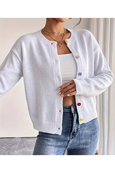 MaxiMor Women's White Colorful Buttoned Basic Knitwear Cardigan Standard Size...