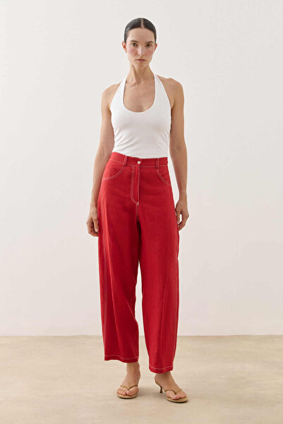 Fahhar Linen Barrel Trousers Red